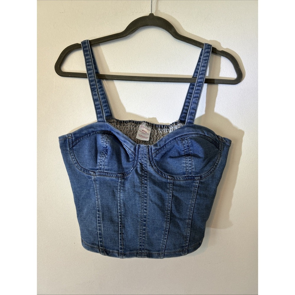 No Boundaries Womens Denim Bustier Crop Top Medium Wash Blue Smocked Back M 7-9